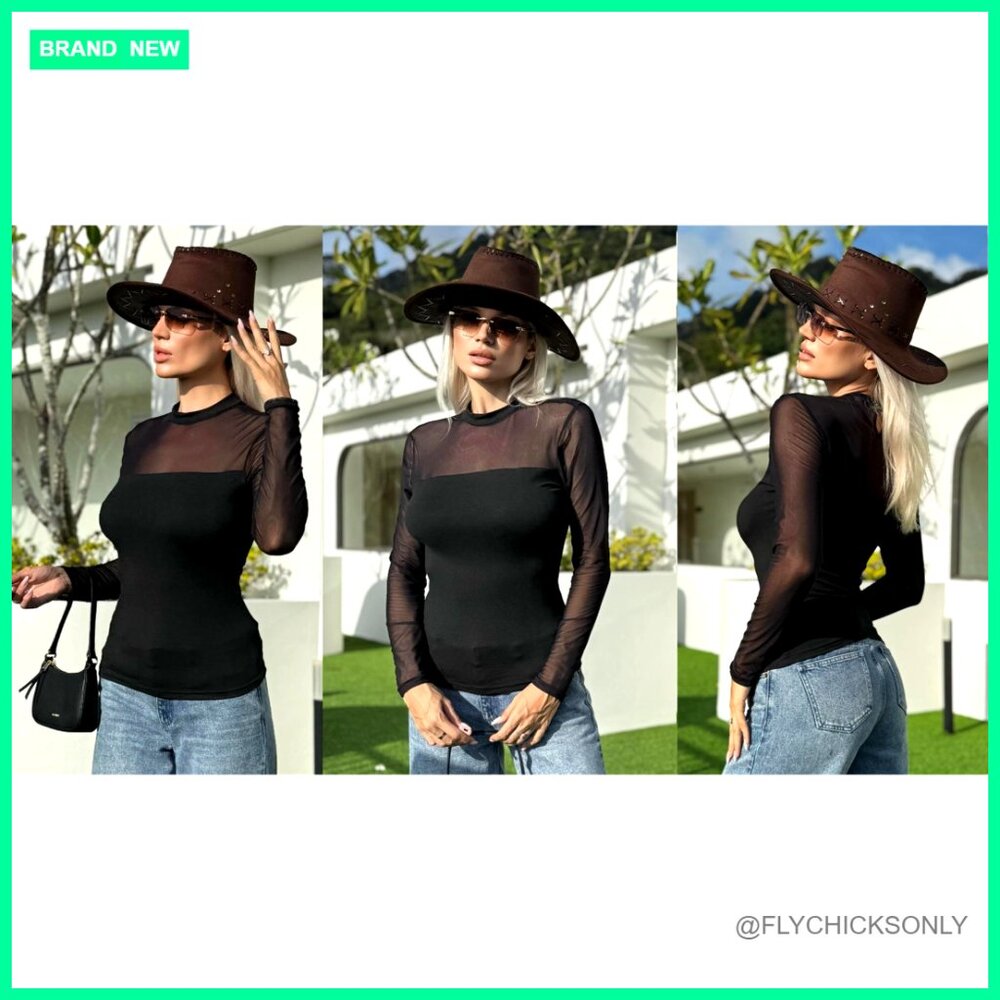 Long Sleeve Lace Mesh Blouse Sheer Tops Women's Fitted Crew Neck - Picture 6 of 7